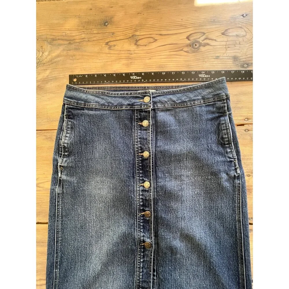 Per Se Denim Pencil Skirt Womens 6 Blue Jean Button Front Mid Length Pockets